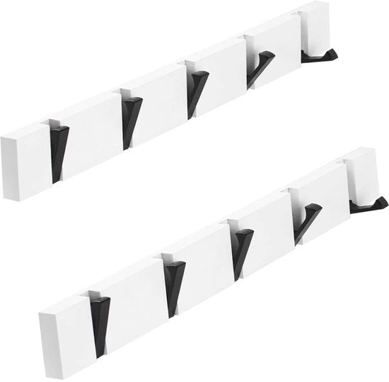 Supporto da parete in legno, 2 pezzi, opaco, con 5 ganci pieghevoli per giacche, cappotti, sciarpe, cappelli e borse (bianco, 5 ganci)