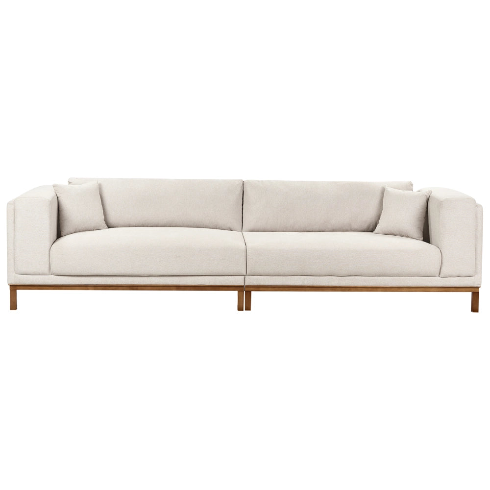 Divano moderno in tessuto beige chiaro 4 posti con gambe in legno stile moderno
