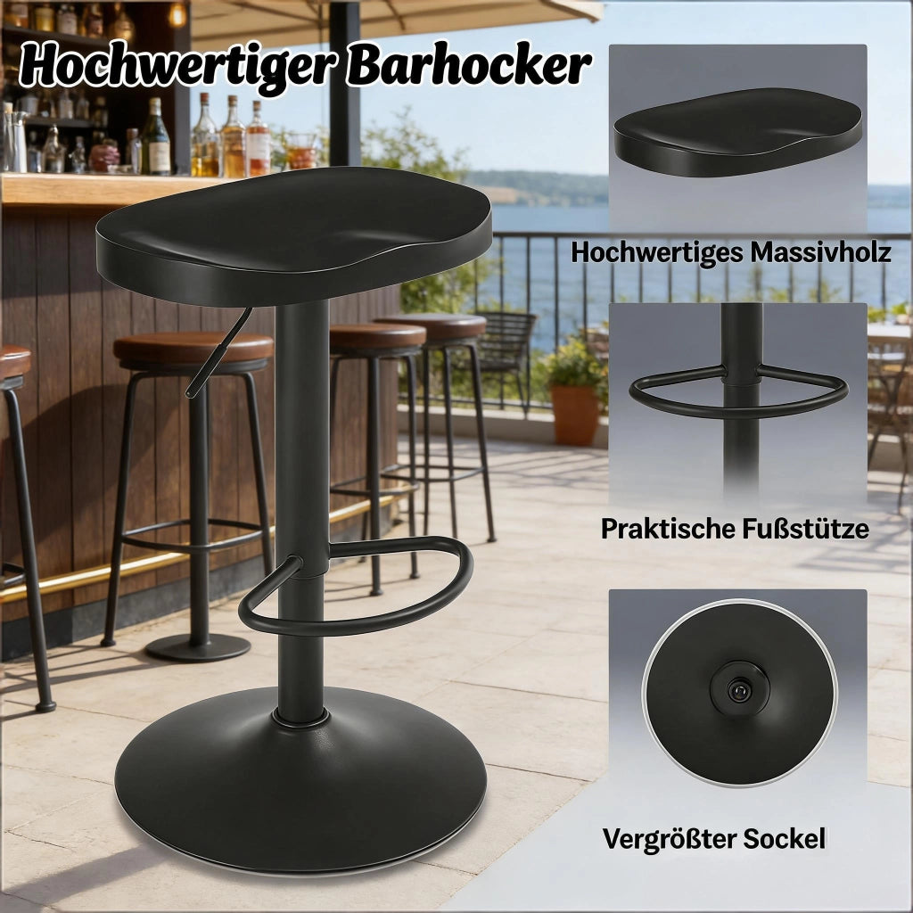 Sgabello da bar girevole e regolabile in altezza con seduta ergonomica in legno massello e base a tromba in metallo nero