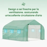 Serra a Tunnel con Copertura PE e Struttura in Acciaio, Porta Avvolgibile e 6 Finestre, 3.5x3x2m, Verde