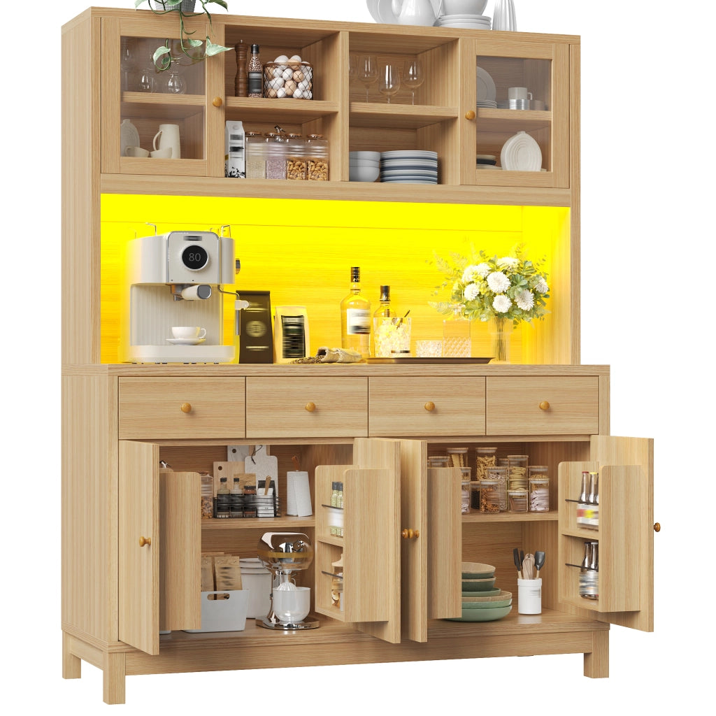 Credenza alta con LED RGB, ante in vetro, 4 cassetti e ripiani regolabili, in MDF effetto legno, 140 × 38,5 × 180 cm
