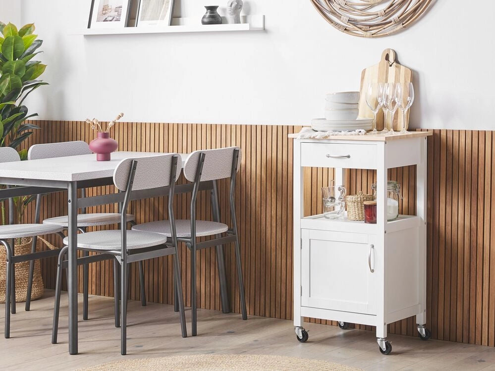 Carrello da Cucina Bianco e Legno Chiaro Piano MDF 48 x 39 x 89 cm Armadio Porta Asciugamani Posate Cassetti Ruote