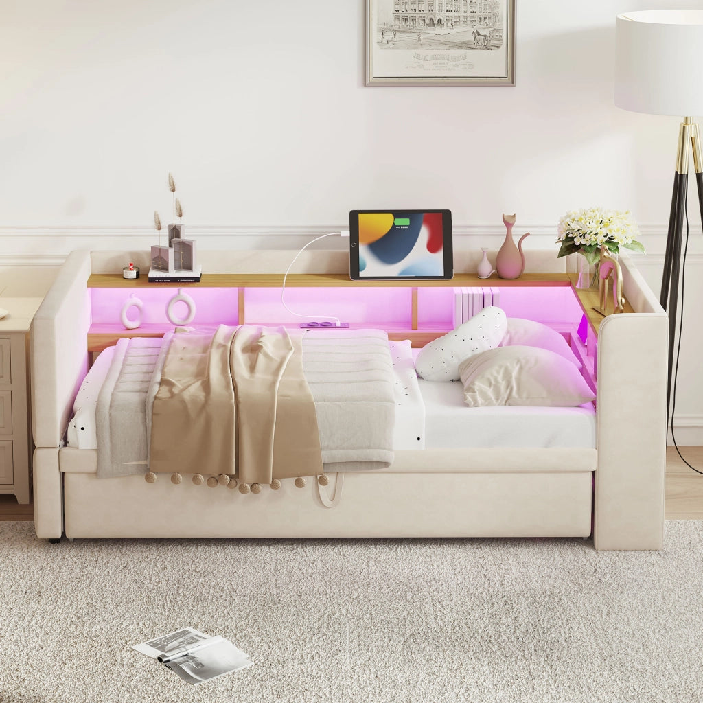 Divano letto imbottito con vani portaoggetti; LED e prese; 90/180x190 cm; beige