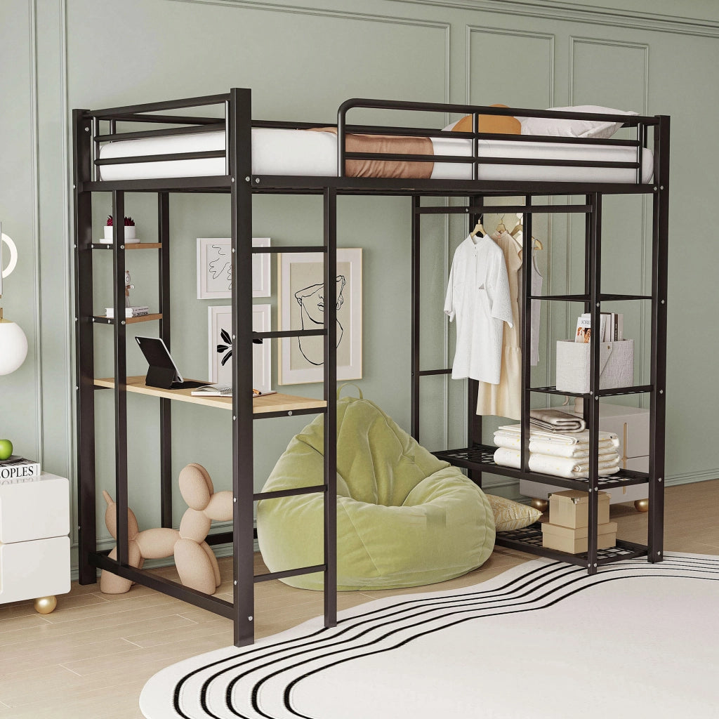 Letto a castello singolo nero con funzione di scrivania e contenitori in metallo 90x200 cm