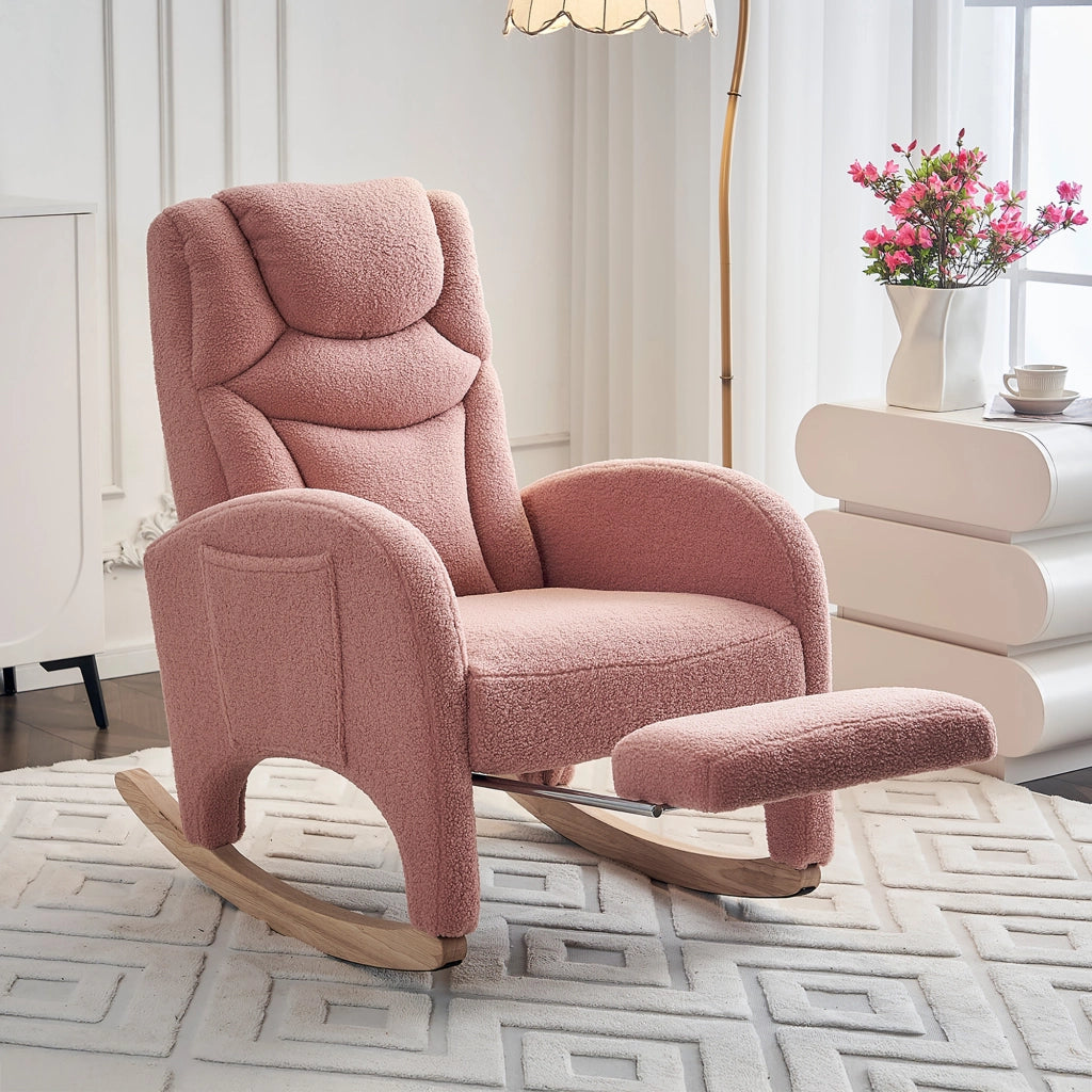 Poltrona a dondolo relax con poggiapiedi pieghevole e schienale ergonomico in tessuto teddy rosa per salotto