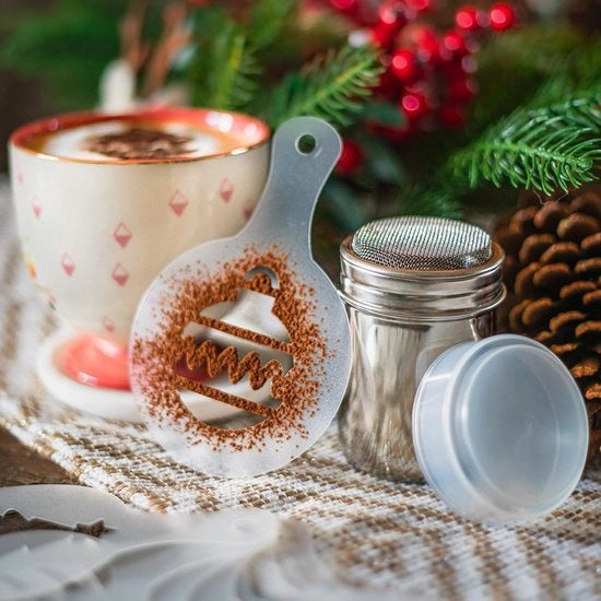 Set di Regali per Festa con Caffè e Cioccolata - 8 Stili di Stampa per Caffè - Shaker di Cioccolato in Metallo - Disegni Vari - Ideale Regalo per Natale - Set di Caffè
