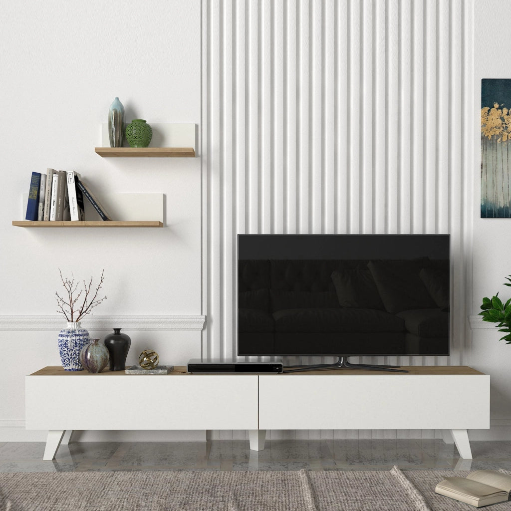 Set di Mobile TV e 2 Mensole da Muro Armadietto Porta TV 180 cm con 2 Ante a Ribalta e Mensole a Forma di L Lunghezze Diverse - Effetto Rovere / Bianco [en.casa]