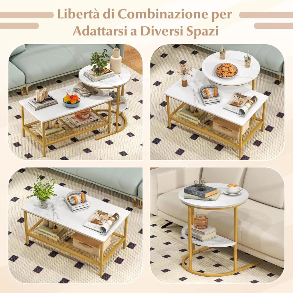 Set di Tavolini da Caffè Componibili, 2 in 1 Set di Tavoli Rimovibili con Piano in Marmo Sintetico, Tavolino Rotondo e Tavolino Rettangolare per Salotto e Camera da Letto (Oro)
