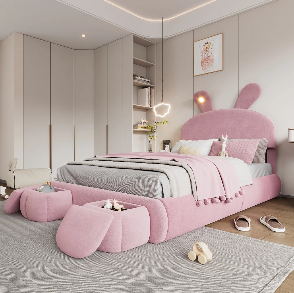 Letto imbottito rosa 140x200 cm con LED e contenitore