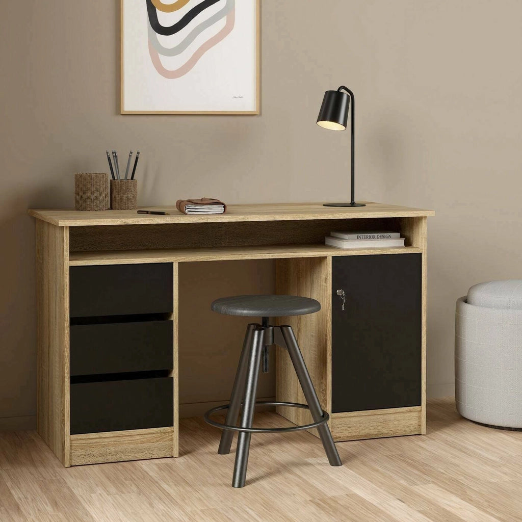 Scrivania Shanshan, Scrittoio multiuso, Tavolo per ufficio porta PC, Piano di lavoro, 126x55 h76 cm, Quercia e Nero