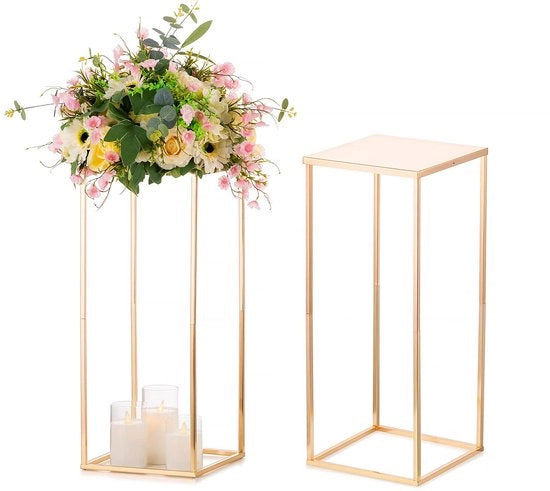 Vaso quadrato dorato da 60 cm con piatto, set da due vasi alti, standard fiori geometrici, vasi metallici, vasi da tavolo per festa, compleanno, ricevimento, fidanzamento