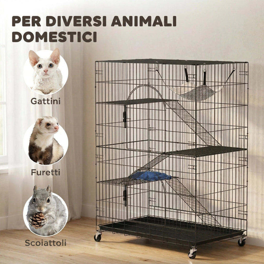 Gabbia Gatti a 4 Livelli con Letto e Amaca ¨C Zephmum ¨C Nero, Metallo, con Ruote e Vassoio Estraibile