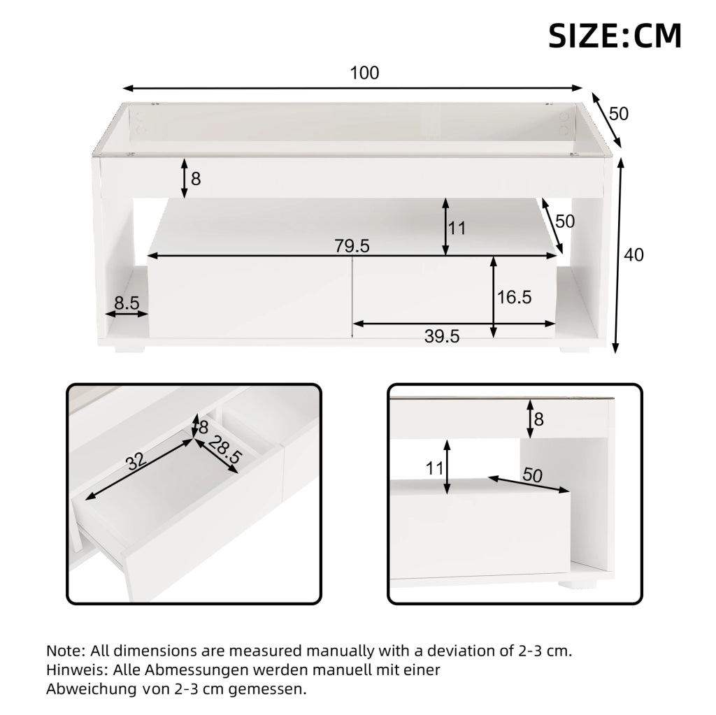 Tavolino da caffè LED bianco 100x50x40 cm con 2 cassetti