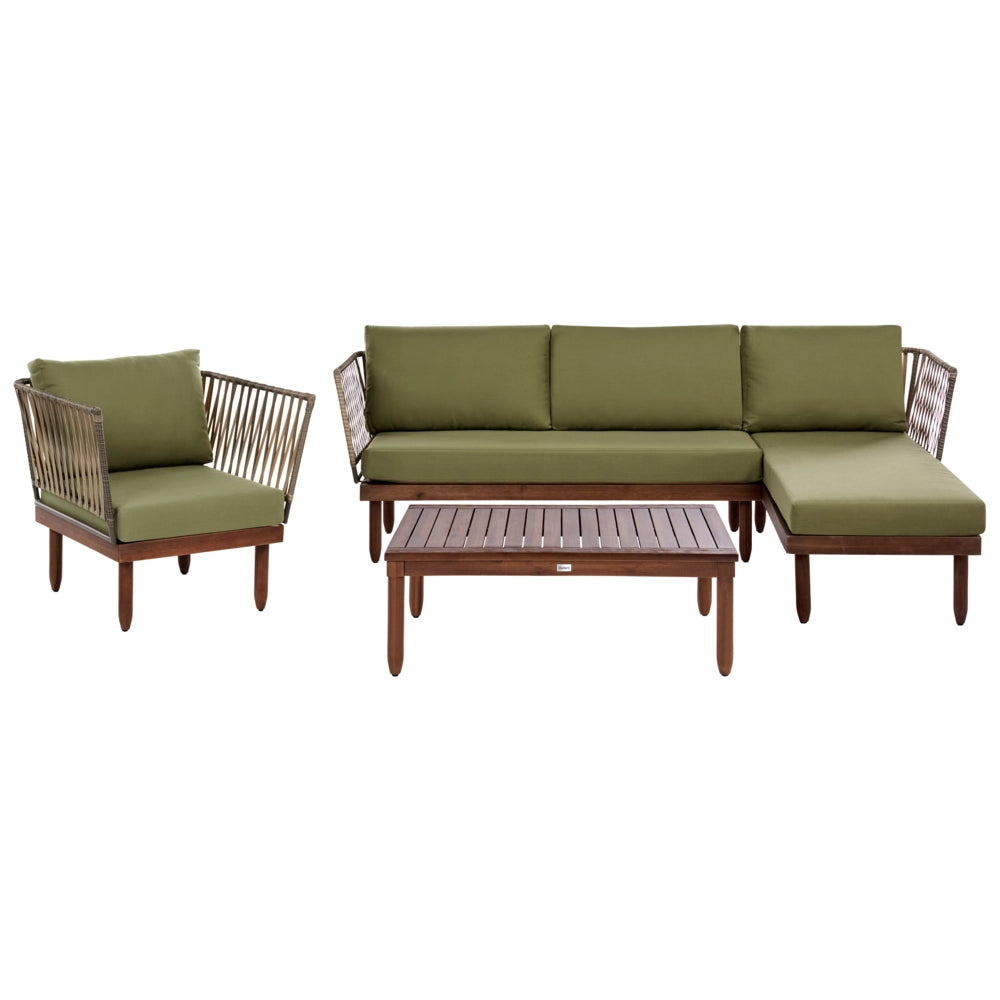 Set Lounge da Esterno in Legno di Acacia con Cuscini Verdi Poltrona in Finto Rattan Tavolino Sinistro 4 Posti