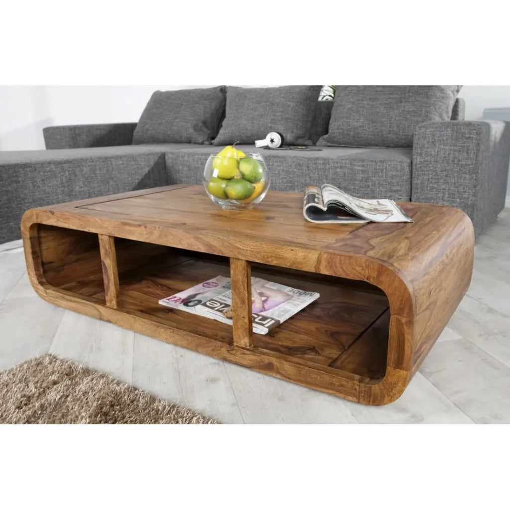 Tavolino basso CURVIA 100 cm in legno di Sheesham - Design moderno con nicchie aperte