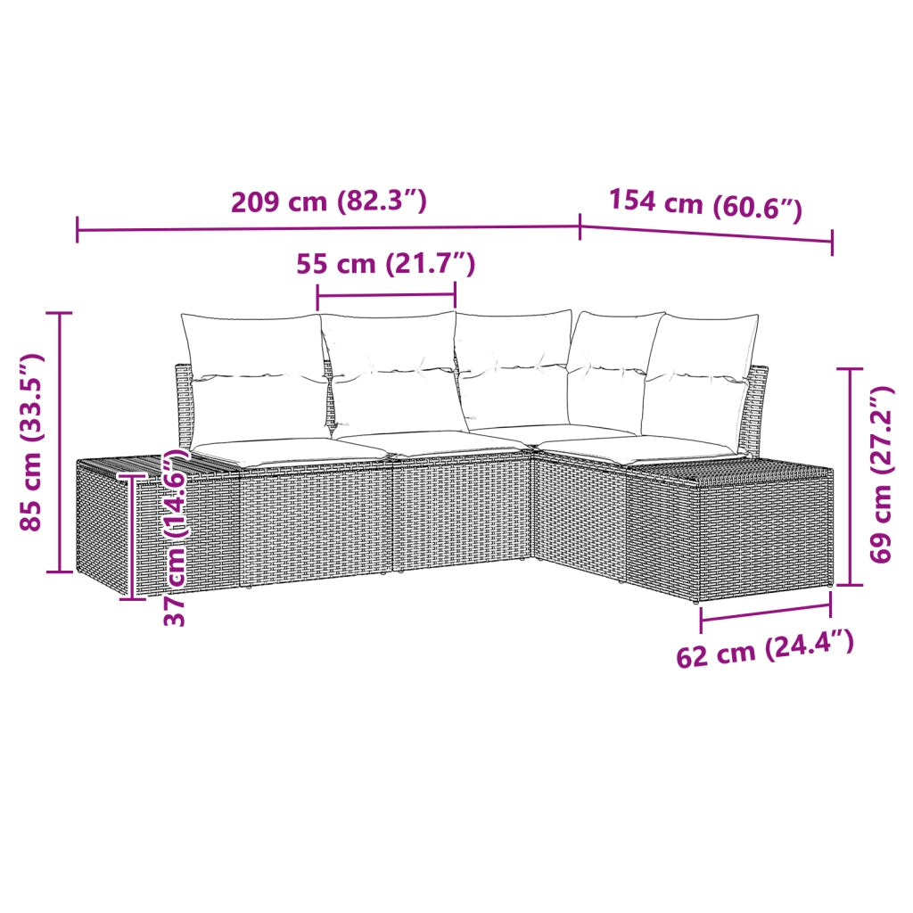 Set di Divani da Giardino in 4 Pezzi con Cuscini Nero Polyrattan