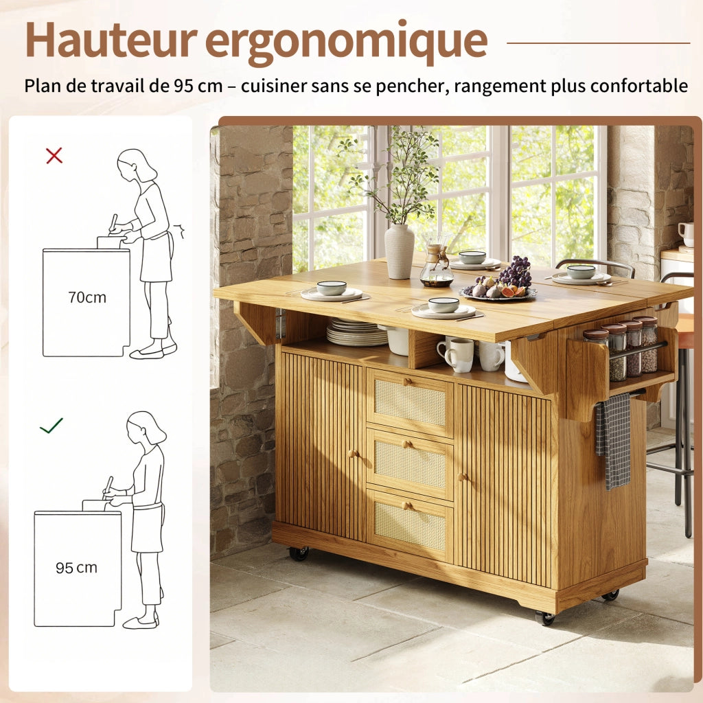 Carrello da cucina estensibile con spazio nascosto; cestini laterali e cassetti in rattan PE per cucina e balcone