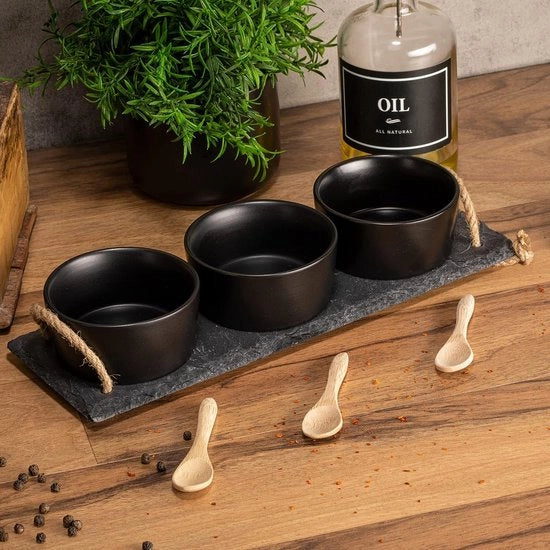 Set di portata 7 pezzi nero con cucchiaio e piatto di carta - set di portata come scodelle per tapas, scodelle per dip, scodelle per snack e scodelle per tapas