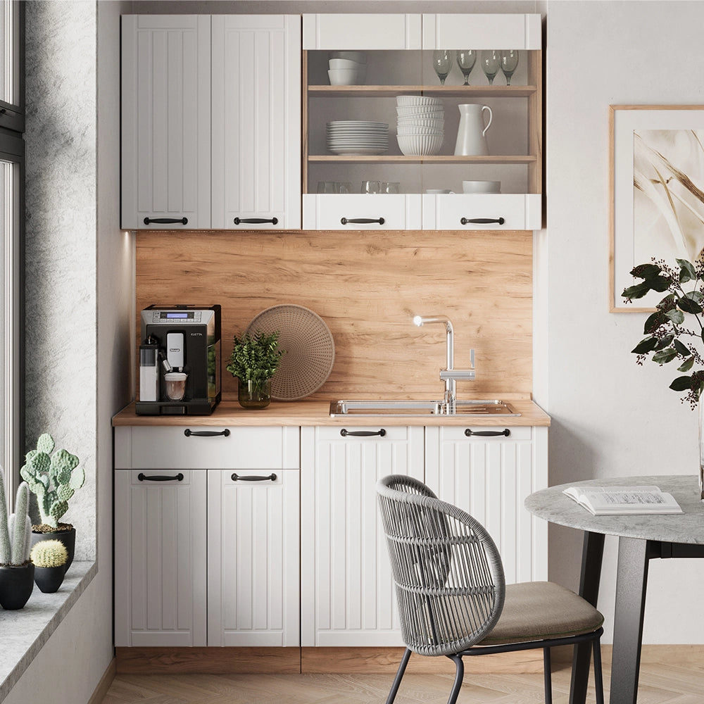 Cucina monoblocco Fame-Line Bianco rustico/Rovere dorato 140 cm, PL Marmo Vicco