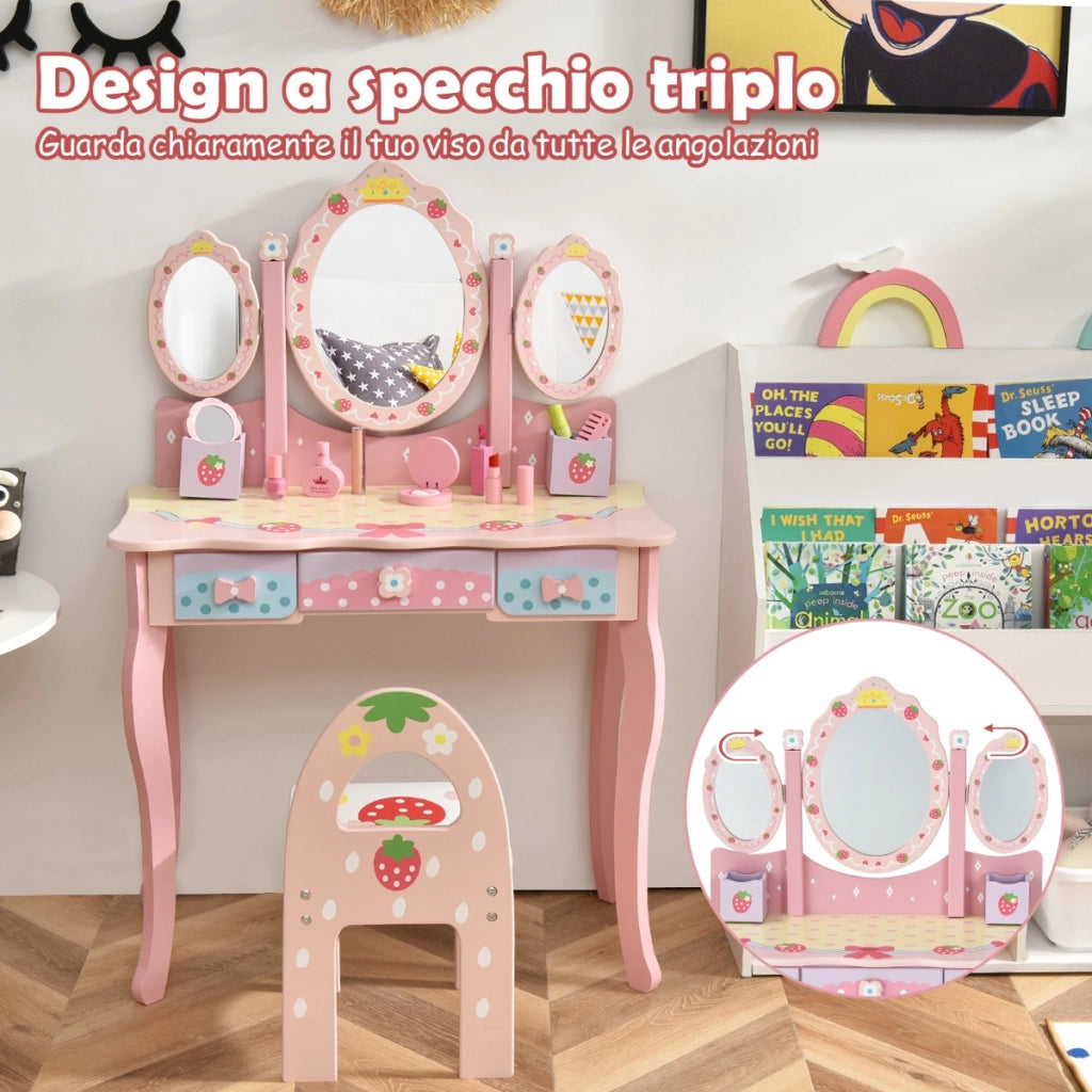 Set toeletta con specchio tripartito e 3 cassetti per bambini, Tavolo da trucco con sgabello e 2 scatole Rosa