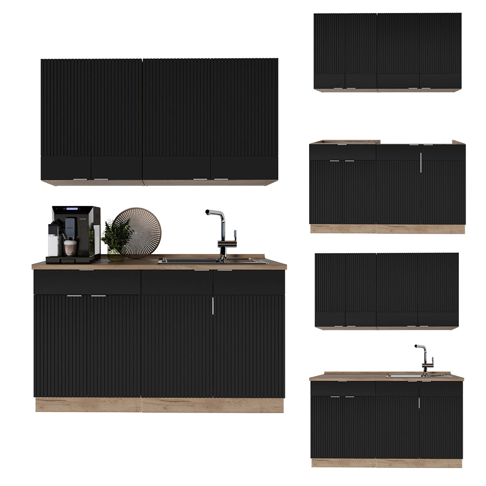 Cucina completa Fame-Line Nero rigato/Rovere dorato 140 cm, PL Antracite Vicco