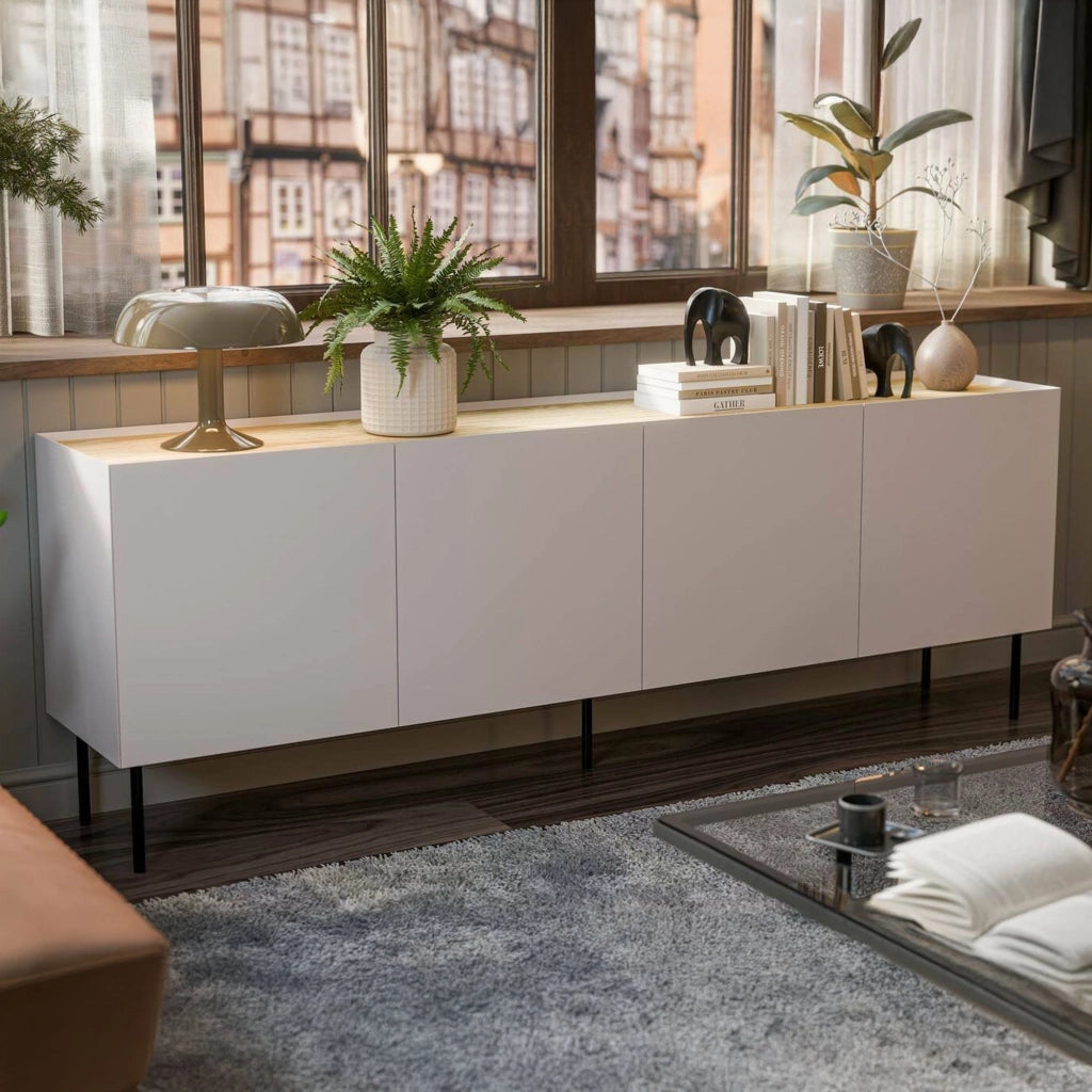 Credenza Sagrado, Madia da salotto con quattro ante battenti e vani interni, Rialzata da terra, 200x40 h70 cm, Beige e Rovere