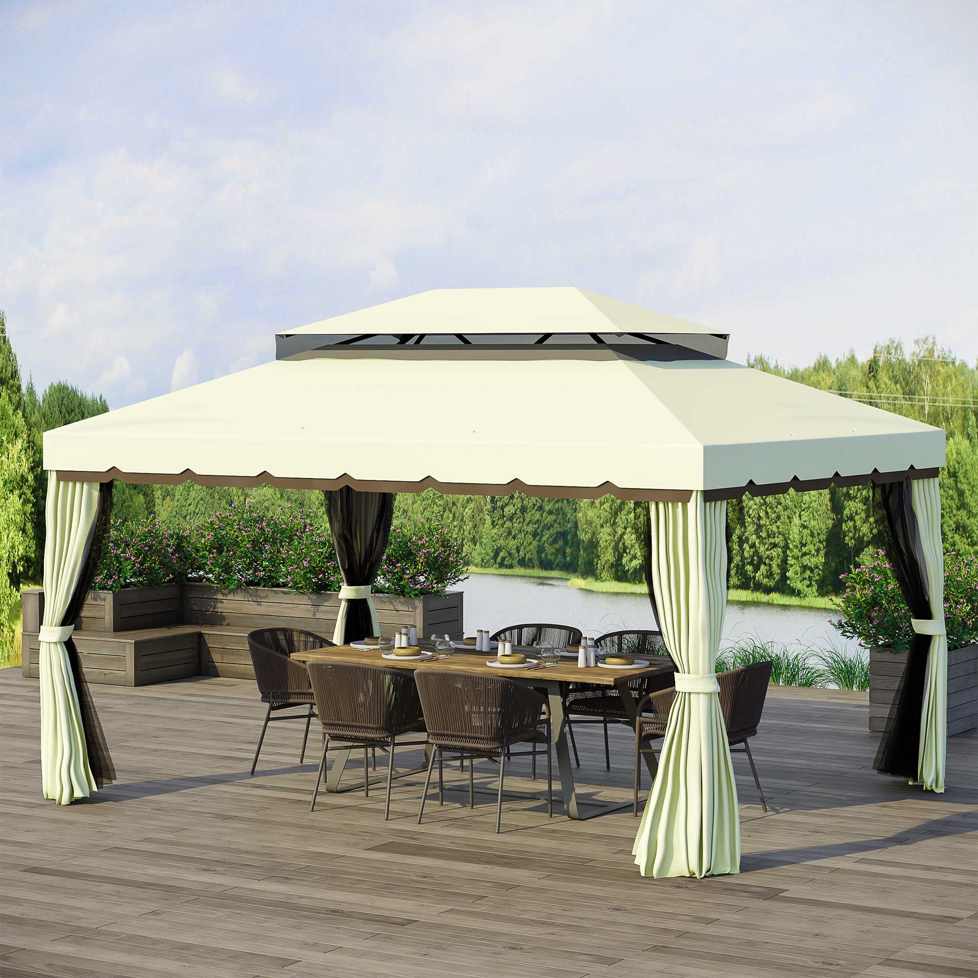 Gazebo da Giardino 4x3 m con Zanzariera e Tende Tetto Doppio e Rivestimento Anti-UV Crema