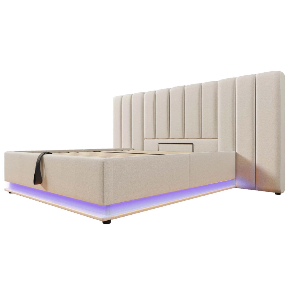 Letti contenitori 160x200 cm; LED 360° e ricarica USB-C; lino; beige (Senza materasso)