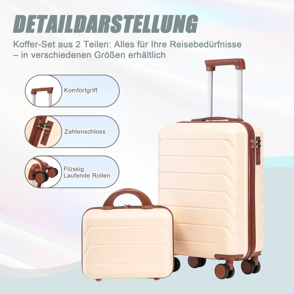 Set di 2 valigie girevoli in ABS da 14"/19" con lucchetto a combinazione e trousse da 14" (beige)