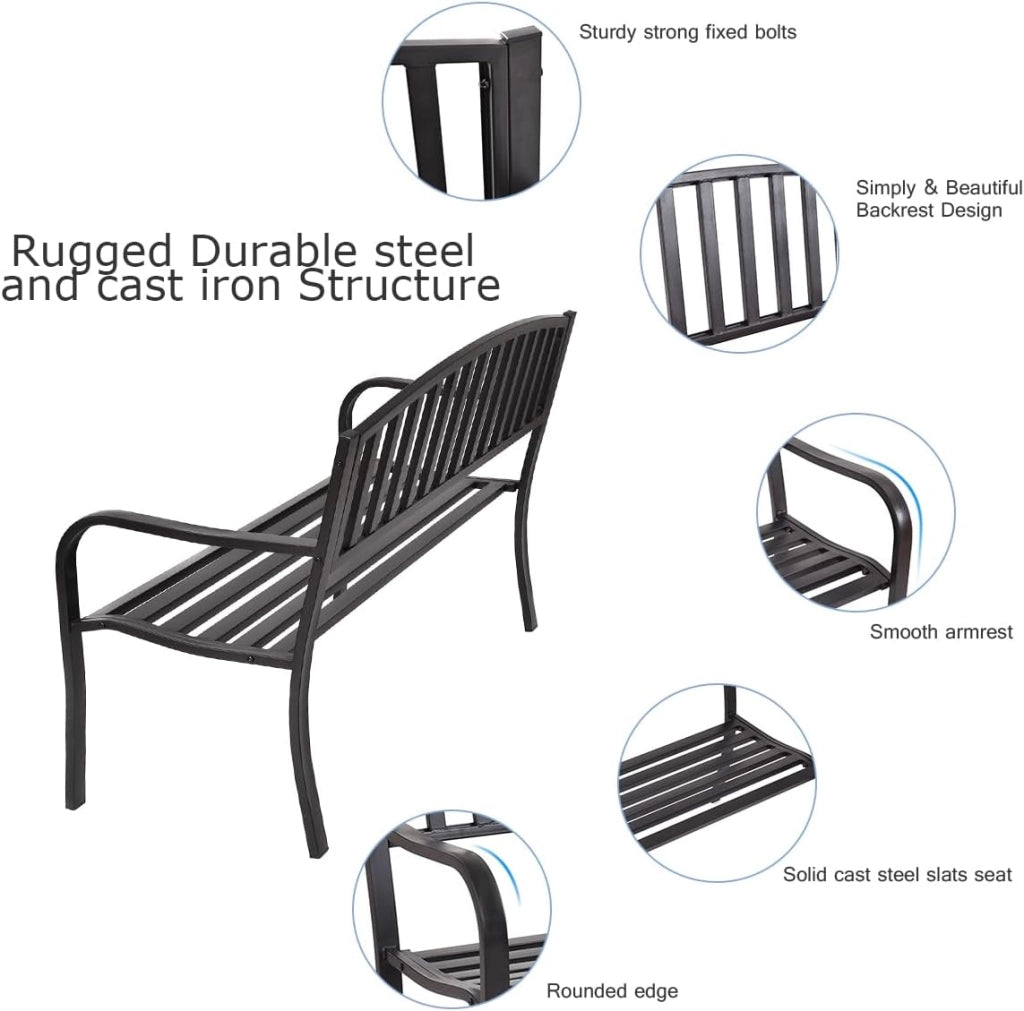 Panca a 2 Posti in Acciaio, Panca da Giardino con Schienale e Braccioli, Panca da Seduta Caricabile fino a 280 kg, Panca da Riposo per Giardino Balcone Terrazza, 127 x 60 x 87 cm, Nero