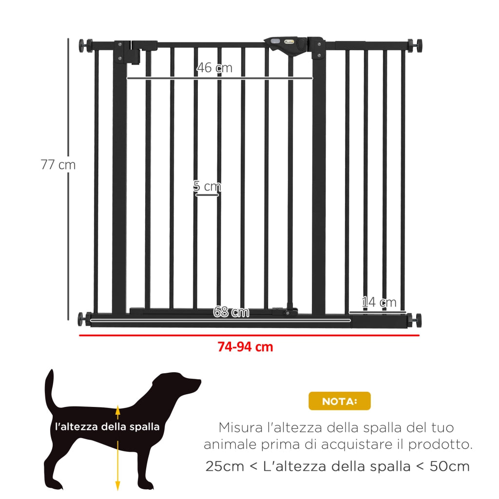 Cancellino per Cani Regolabile 74-100x77 cm con Chiusura Automatica in Acciaio e Plastica Nero