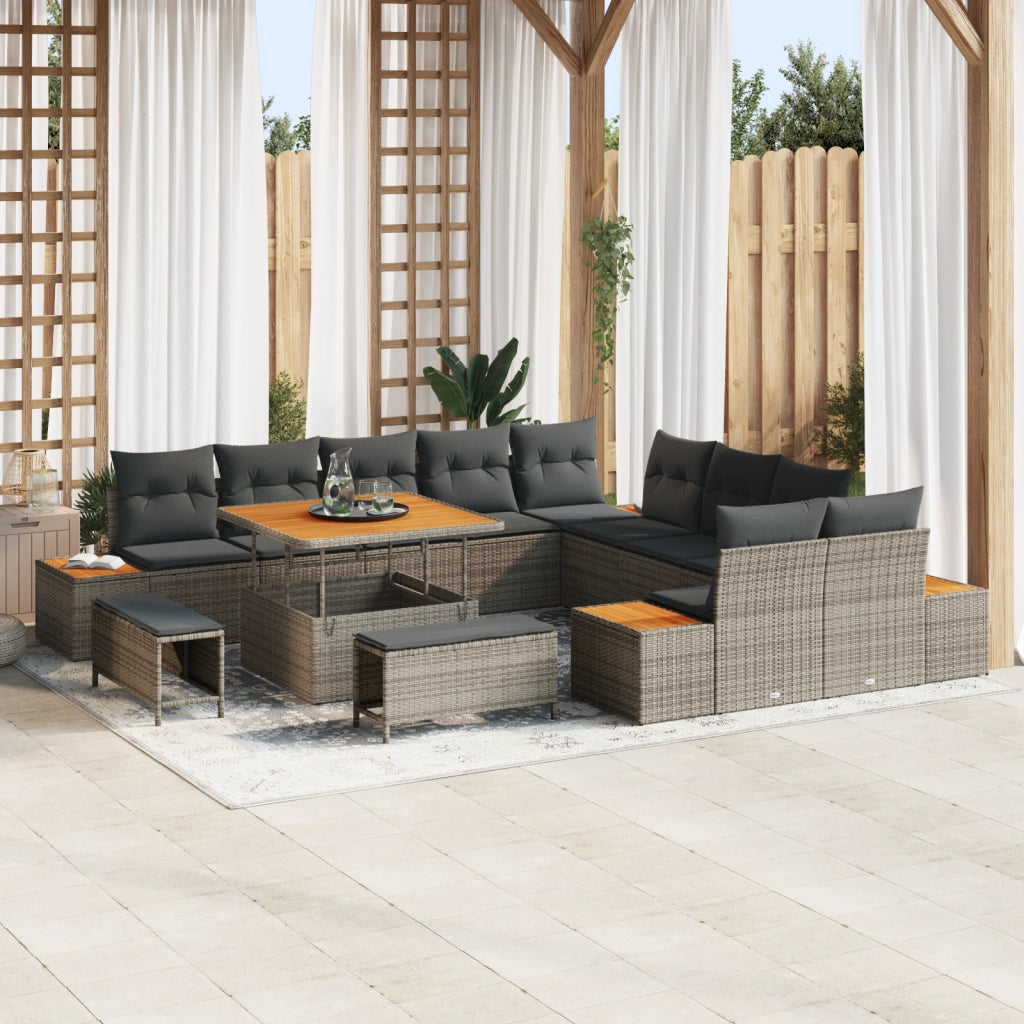 Set di Divani da Giardino 13 Pezzi con Cuscini Grigio Polyrattan Acacia