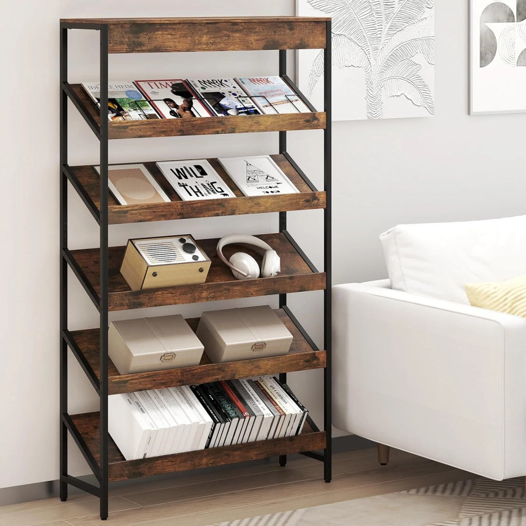 Libreria a 6 Ripiani, Scaffale Inclinato con Struttura Metallica, Porta Giornali Industriale in Legno, Organizer per Soggiorno Camera da Letto Studio, 90x30x161 cm (Marrone)