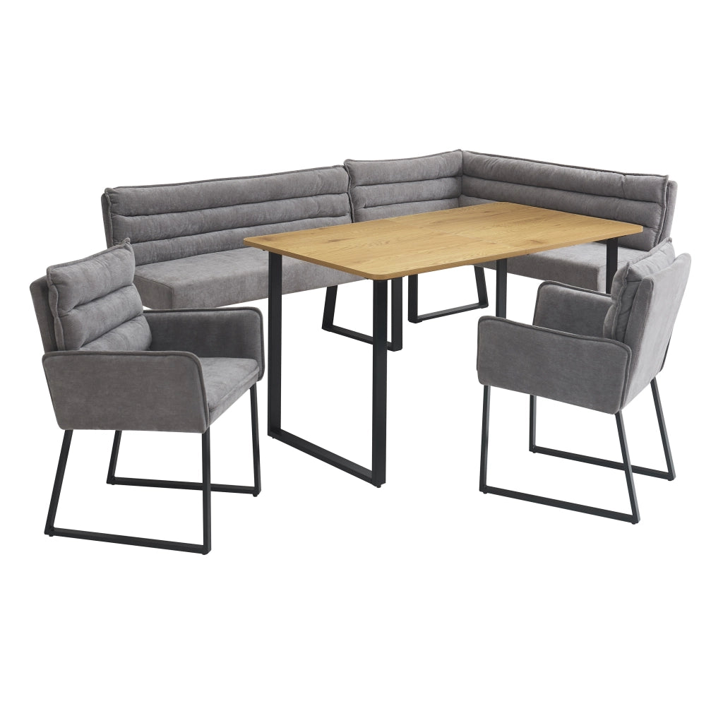Set da pranzo ad angolo, composto da panca ad angolo e 2 poltrone, in ciniglia, grigio e color naturale