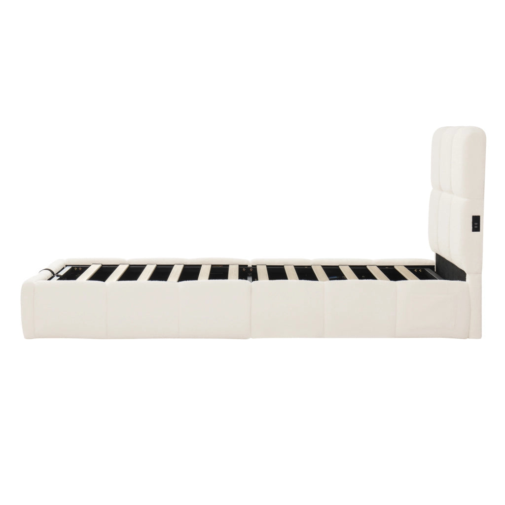 Letto singolo imbottito 90x200 cm con contenitore idraulico, rete a doghe, USB-C e rivestimento bouclé beige