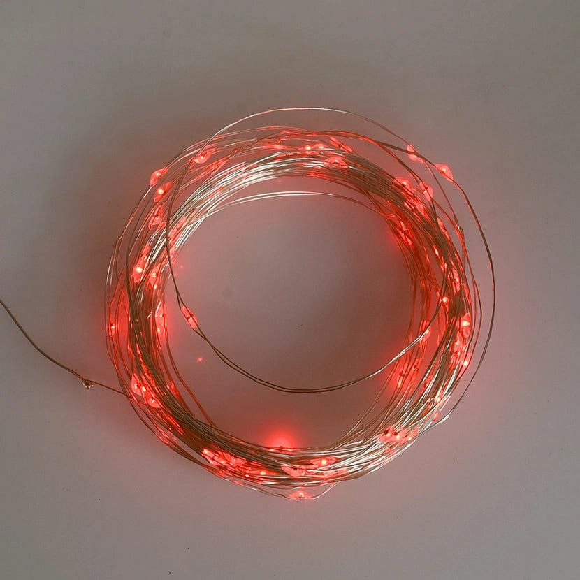 CATENA LUMINOSA SOLARE 10 METRI 100 MICRO LED ROSSI - CAVO FLESSIBILE ARGENTO PER DECORAZIONI NATALIZIE GIARDINI E INTERNI