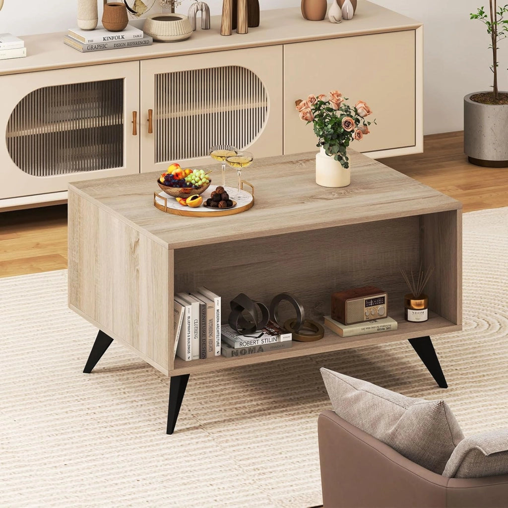 Tavolino rettangolare con spazio di archiviazione, tavolo da salotto in legno con 3 ante e 1 scomparto aperto, 80 x 60 x 46 cm, per ufficio (rovere)