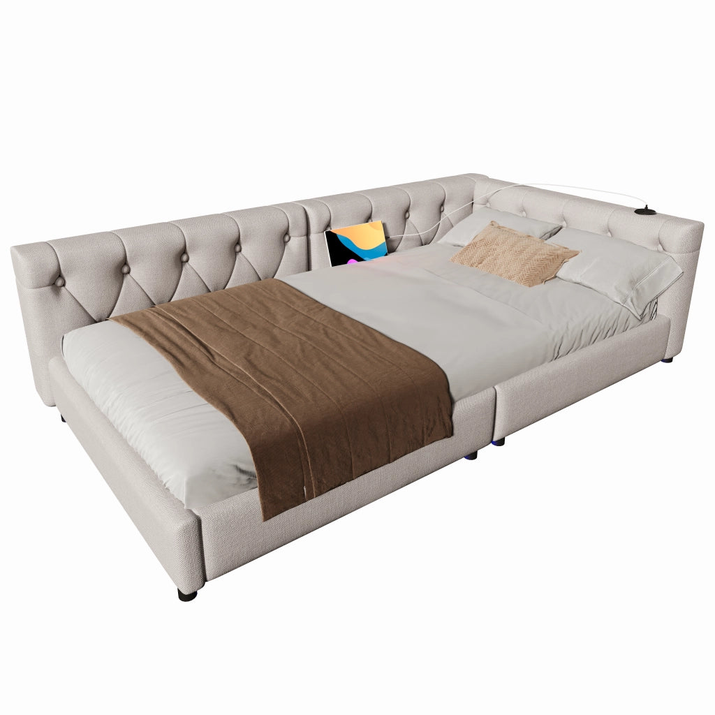 Letto divano con rete a doghe in lino beige 90x200 cm