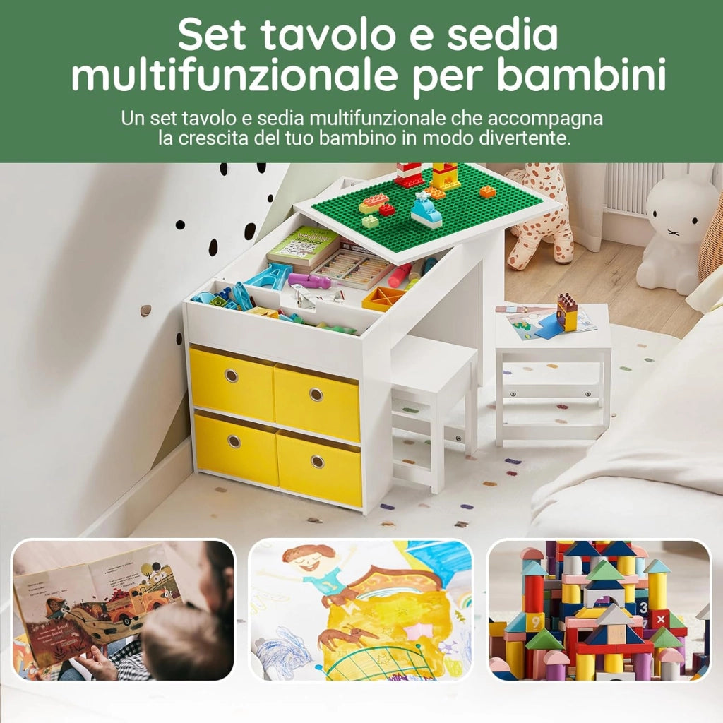 Tavolo multifunzionale per bambini con 2 sgabelli e 8 contenitori Set tavolo e sedie per cameretta bambini Tavolo da gioco con spazio di archiviazione Bianco 87x50x50 cm KMB75-W
