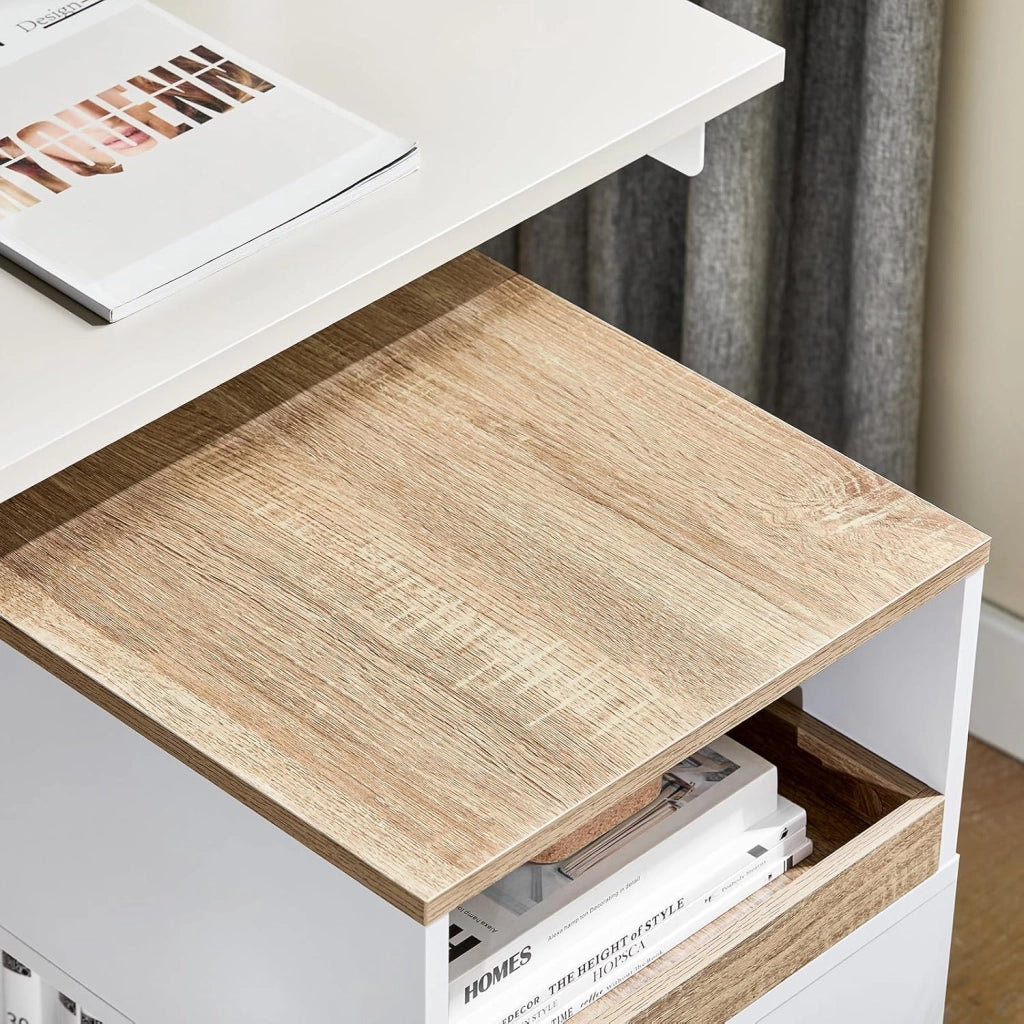 Cassettiera Scrivania con Ruote Cassettiera Ufficio con Scomparto Aperto e Cassetto Rimovibile Mobile Ufficio Porta Stampante Salvaspazio Bianco e Naturale 40x50x65cm ASK08-WN