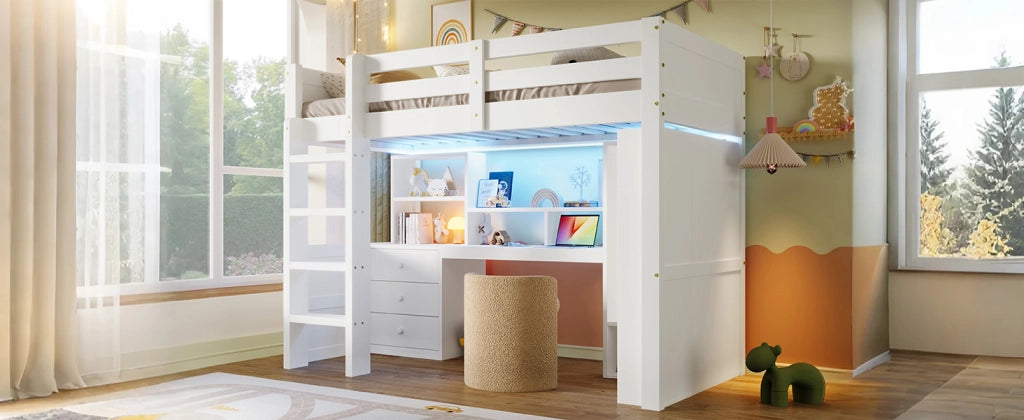 LETTO a soppalco 90x200 cm Legno massello Bianco con LED, scrivania e armadio