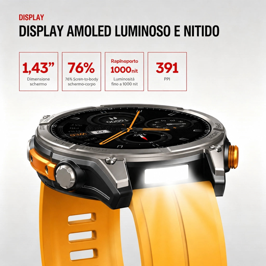 Smartwatch Orologio Intelligente HD-GPS con 6 sistemi satellitari; impermeabile 5 ATM-170 modalità sportive; monitoraggio della salute 24 ore su 24-Giallo