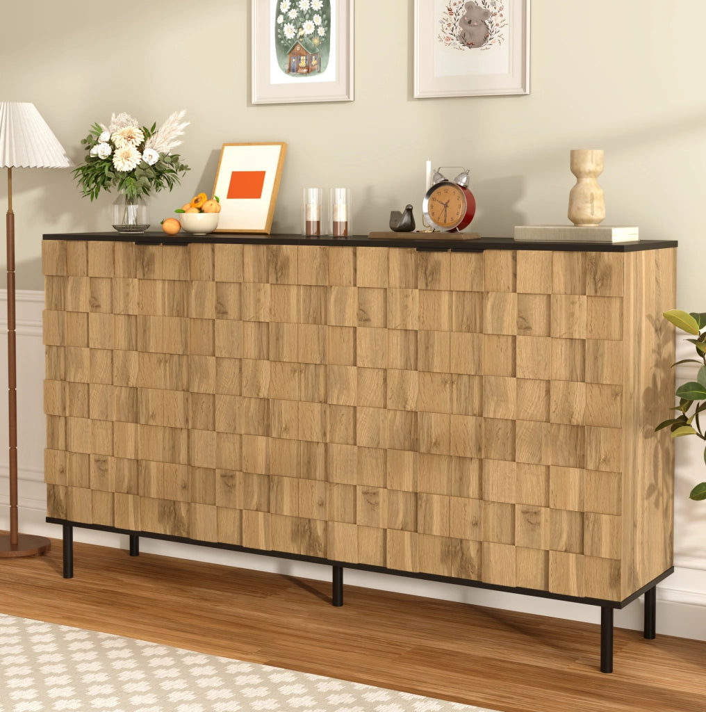 Sideboard 160x35x80.5 cm con 2 ante a mosaico e ripiano fisso in truciolare naturale e nero