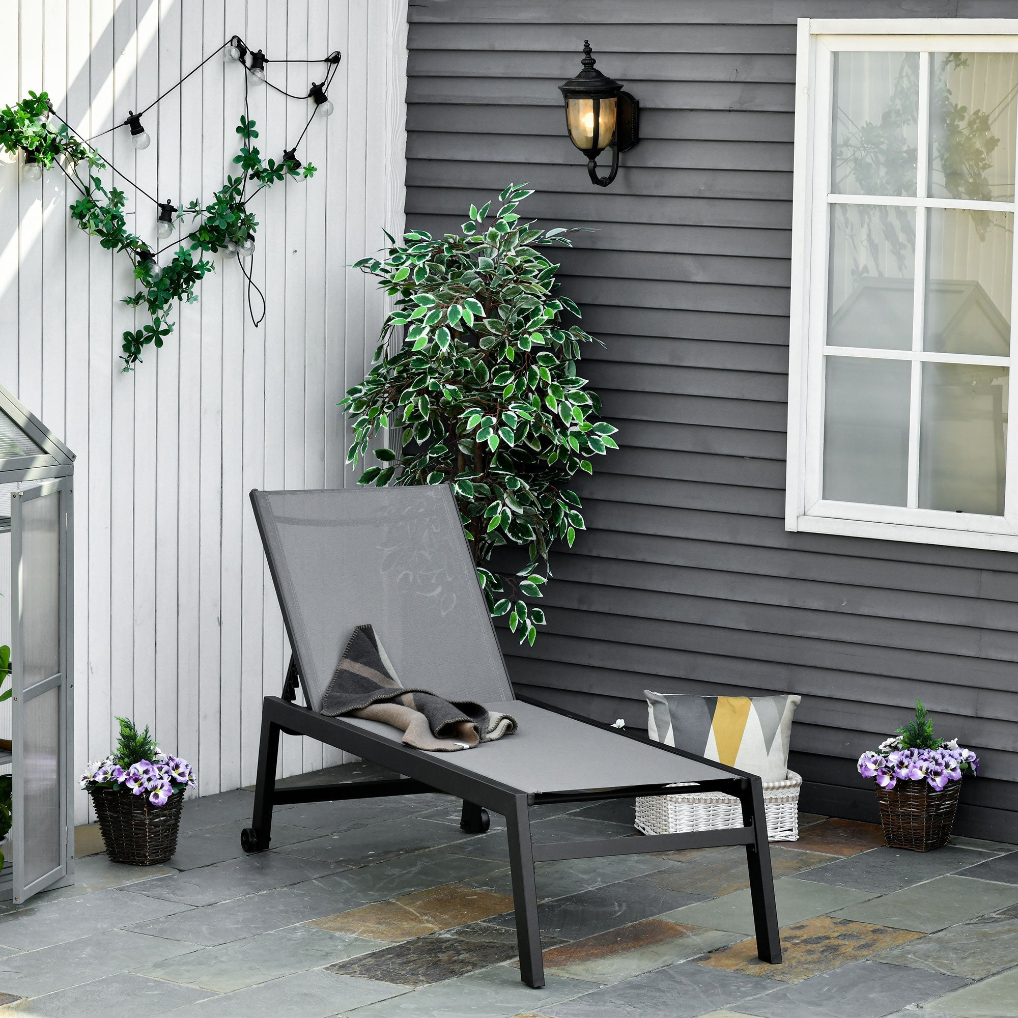 Lettino Prendisole da Giardino 169x65x102 cm  UV Nero e Grigio