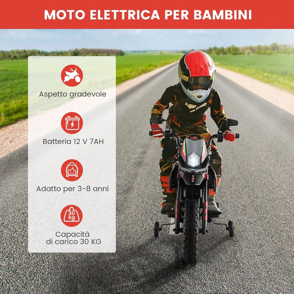 12V Aprilia Moto Cavalcabile per Bambini, Motocicletta Elettrica con Ruote Ausiliarie e Musica Wireless, Sospensione a Molla, Moto Elettrica alla Moda per Bambini 3-8 Anni (Rosso)