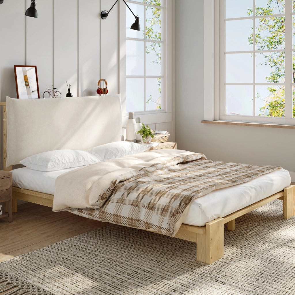 Letto singolo imbottito 140x200 cm con schienale imbottito e doghe stabili; legno e tessuto; naturale