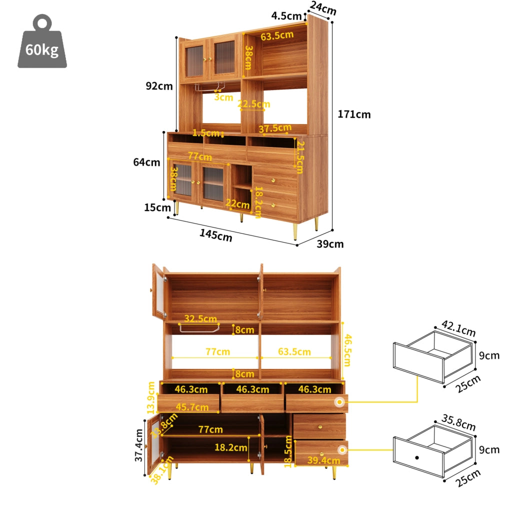 Credenza alta 145x39x171 cm con porta in vetro e portabottiglie in MDF marrone noce