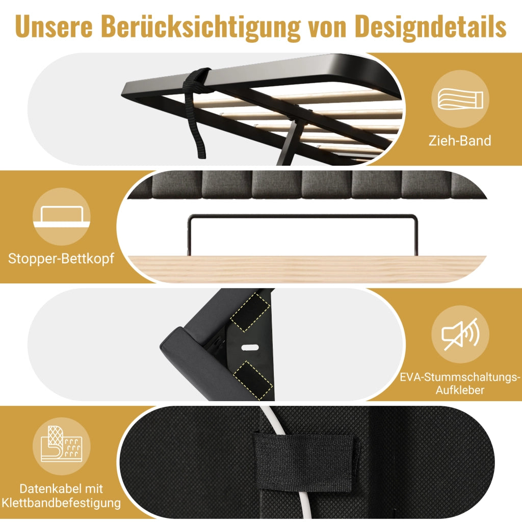 LETTO imbottito 180x200 cm in lino grigio con LED, USB, Type-C e vano contenitore
