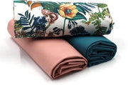 Set di tessuti in cotone 1,5m design + 2x selezione di tessuti a tinta unita 100% cotone (palmizi fiori tropicali set42)