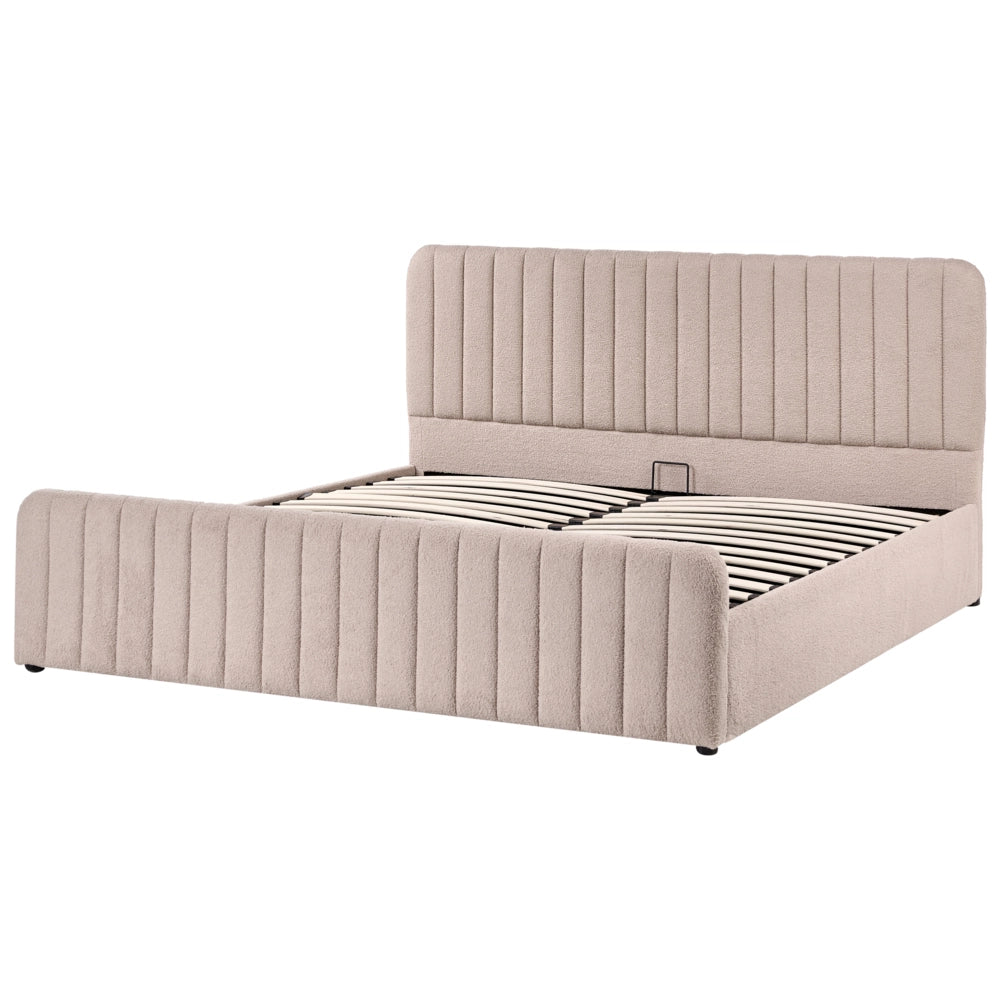 Letto matrimoniale con contenitore imbottito Boucle tessuto beige 180 x 200 cm con testiera e pediera contenitore sollevabile